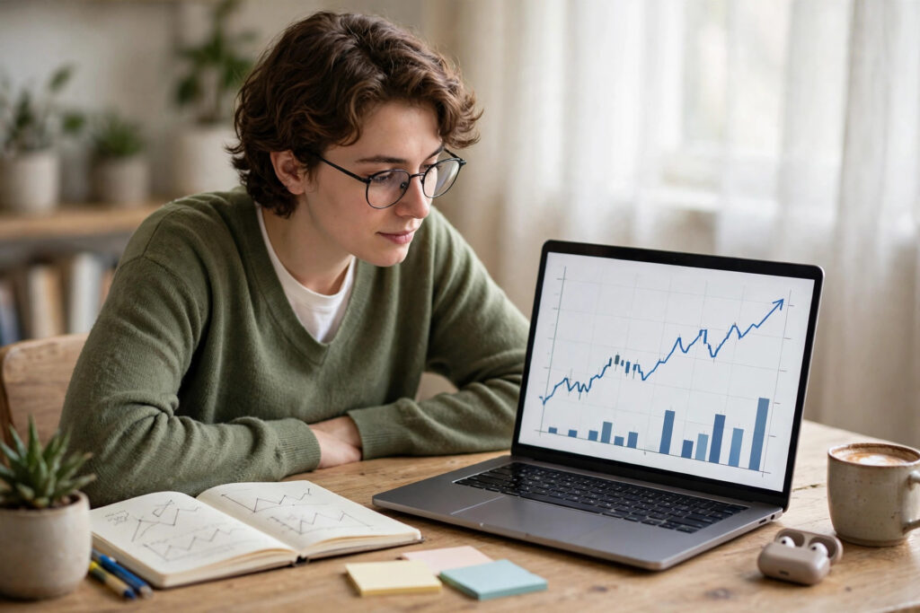 Beginner learning AI trading on a laptop with market charts