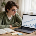 Beginner learning AI trading on a laptop with market charts