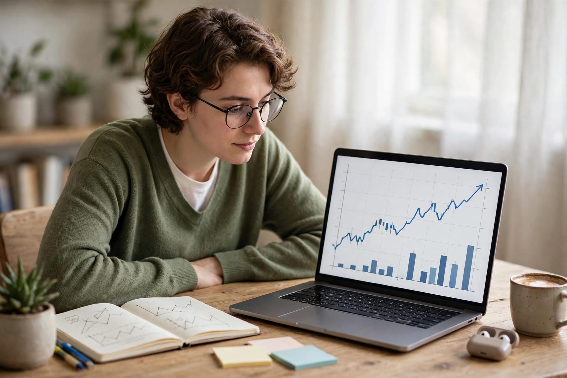 Beginner learning AI trading on a laptop with market charts