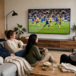 Family watching live football on a large 4K TV in a living room