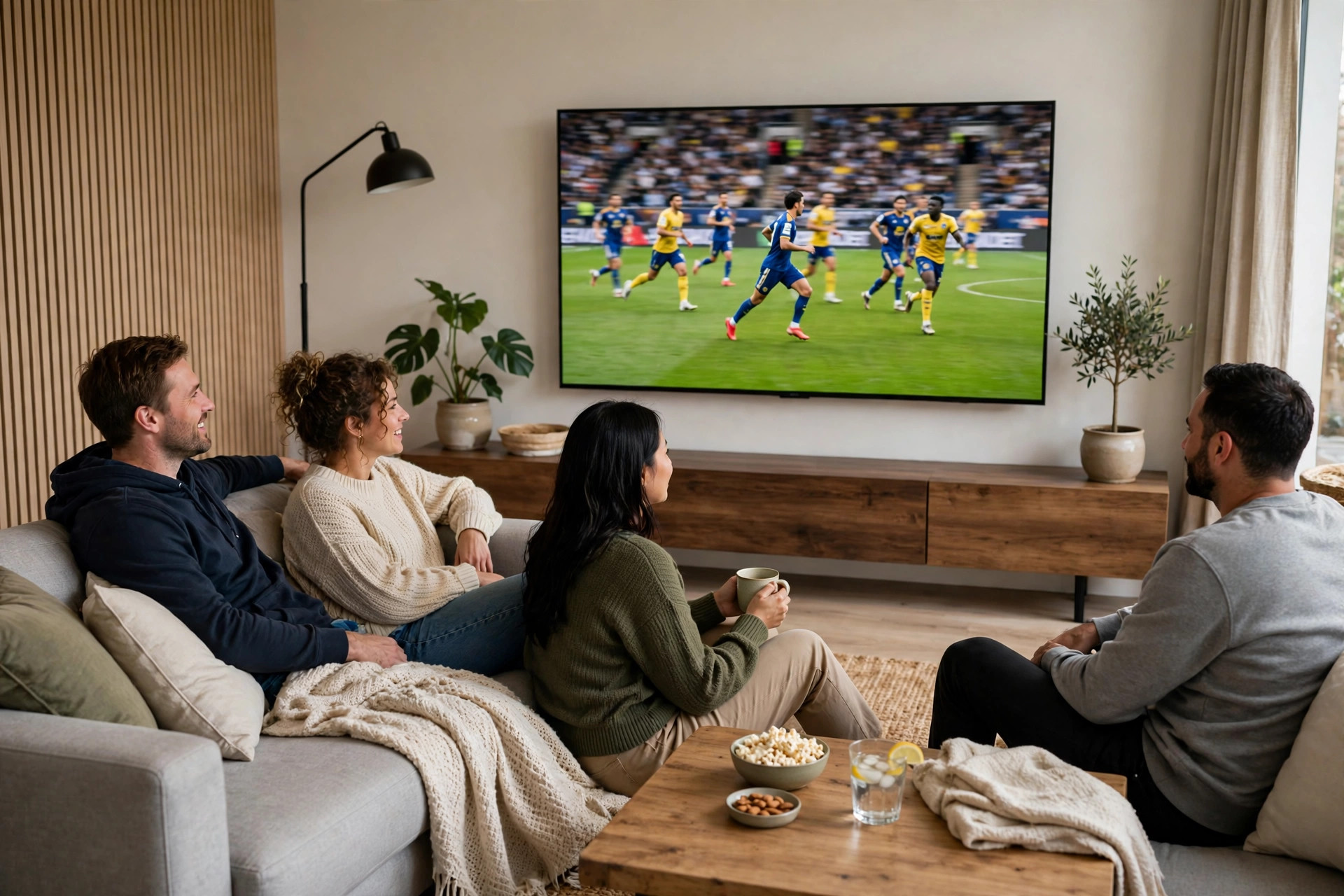 Family watching live football on a large 4K TV in a living room