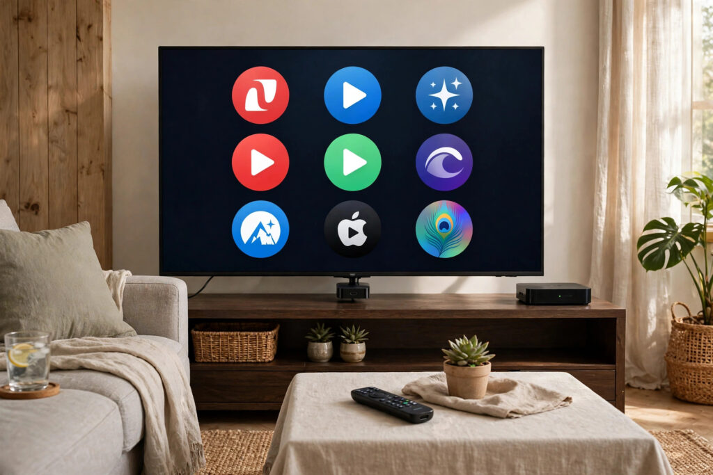 Firestick remote and TV showing streaming apps in a living room