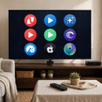 Firestick remote and TV showing streaming apps in a living room