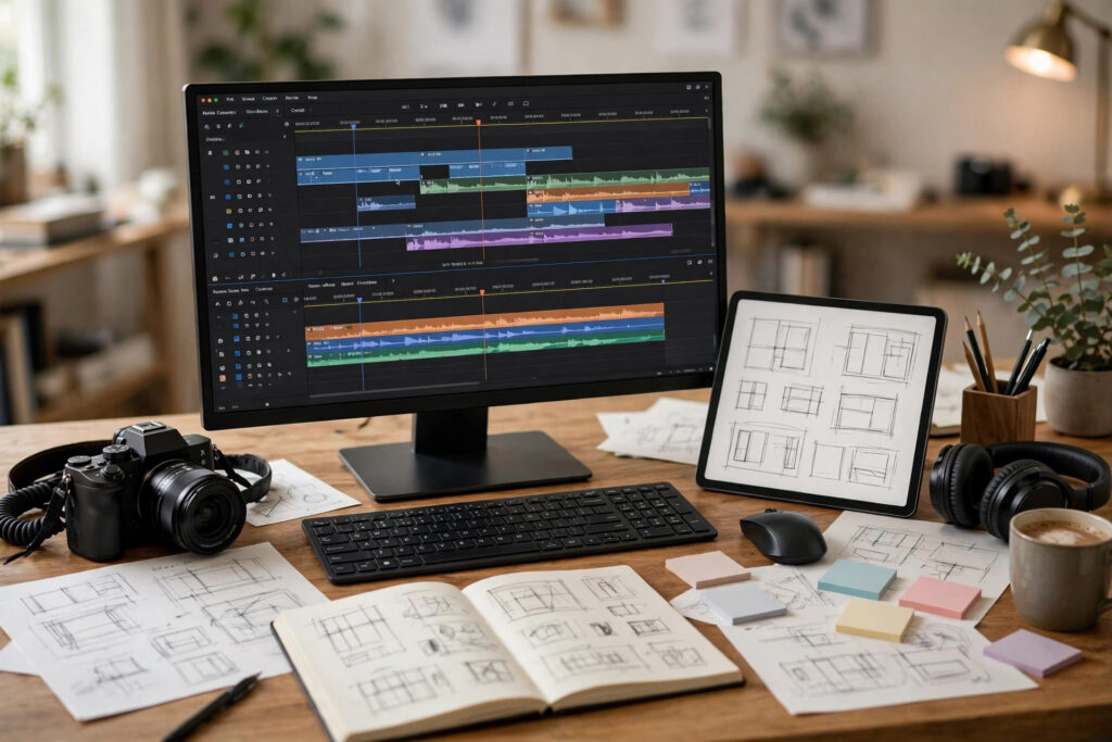 Creator desk with video editing timeline and design sketches