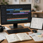 Creator desk with video editing timeline and design sketches
