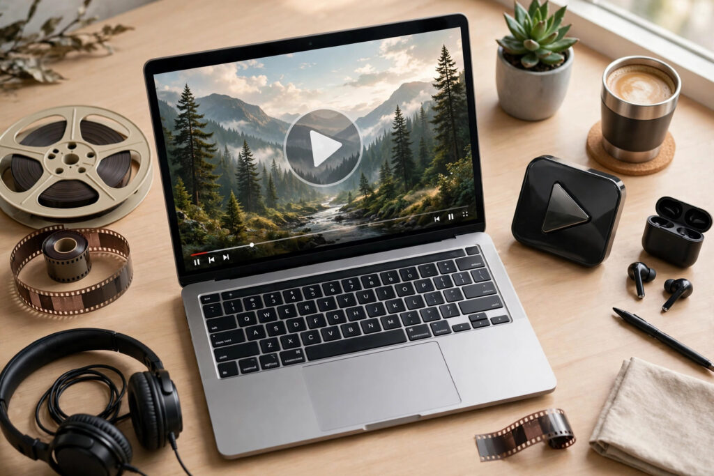 Laptop showing AI-generated video with film reels on a desk