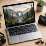 Laptop showing AI-generated video with film reels on a desk